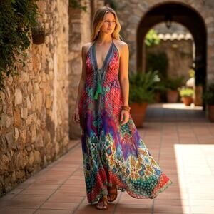 True Colours Tropical Halter Maxi Dress Size S/M 100% Silky Viscose Sleeveless